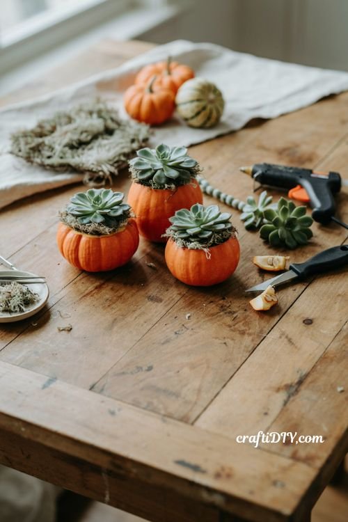 Mini pumpkin planters with succulents and moss easy fall decorations diy