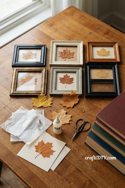 Pressed maple leaf frames with cream cardstock for easy fall wall decor